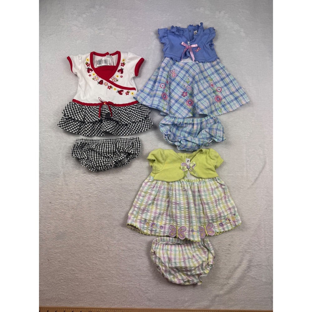 Youngland Baby Girl Dress Lot 3 Sets Ladybug Butterfly Plaid 0-3M 3-6M